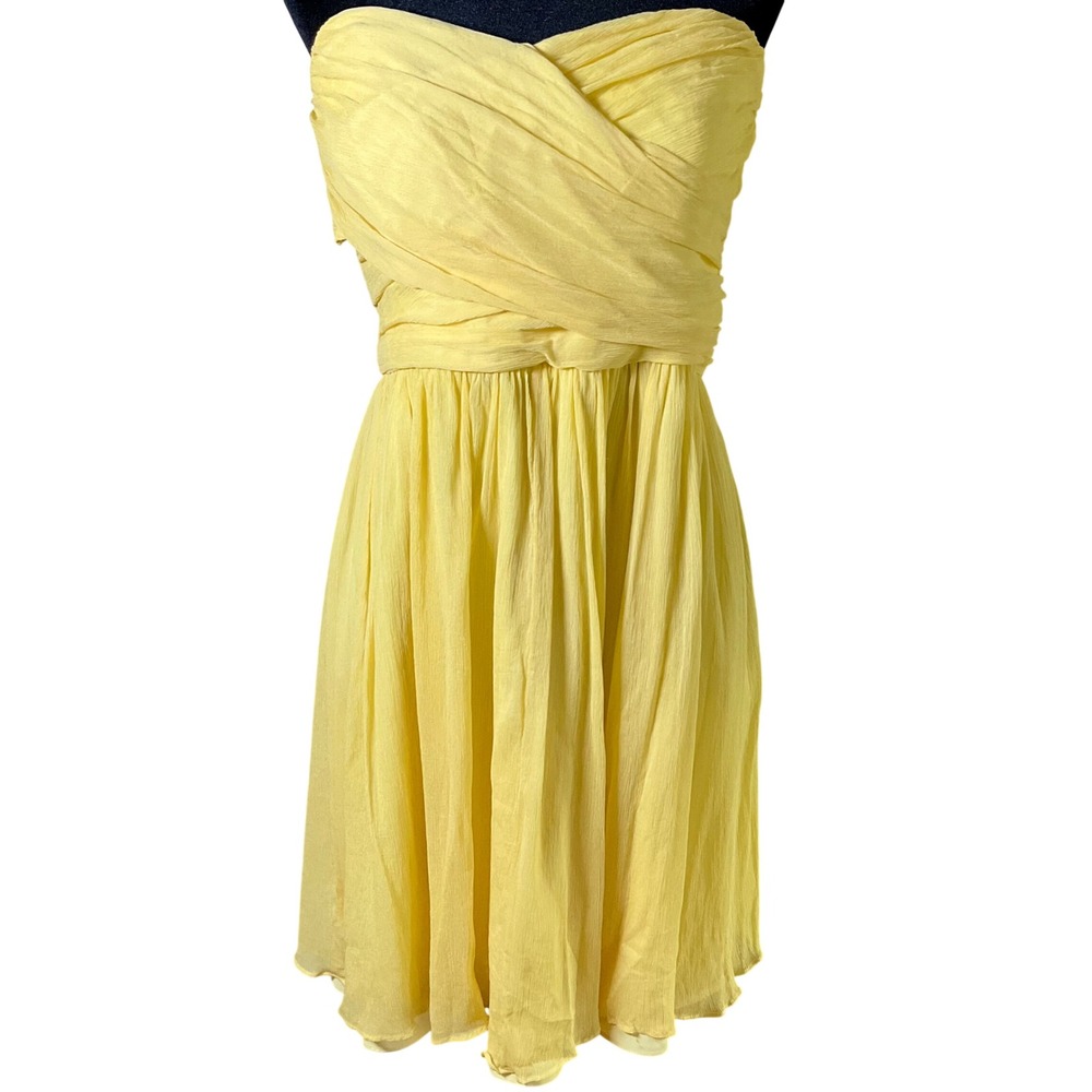 J.Crew Yellow Silk Chiffon Strapless Ruched Mini Dress 12 Wedding Guest Cocktail